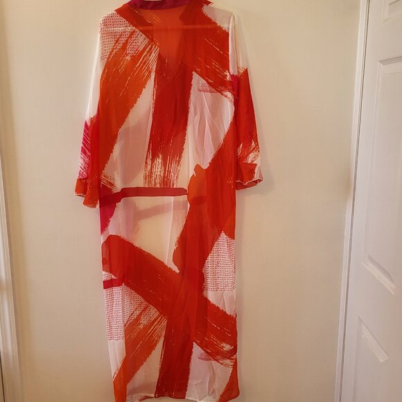 Multi color Red Print Long sheer Beach Kaftan Dress NWOT - Picture 3 of 7